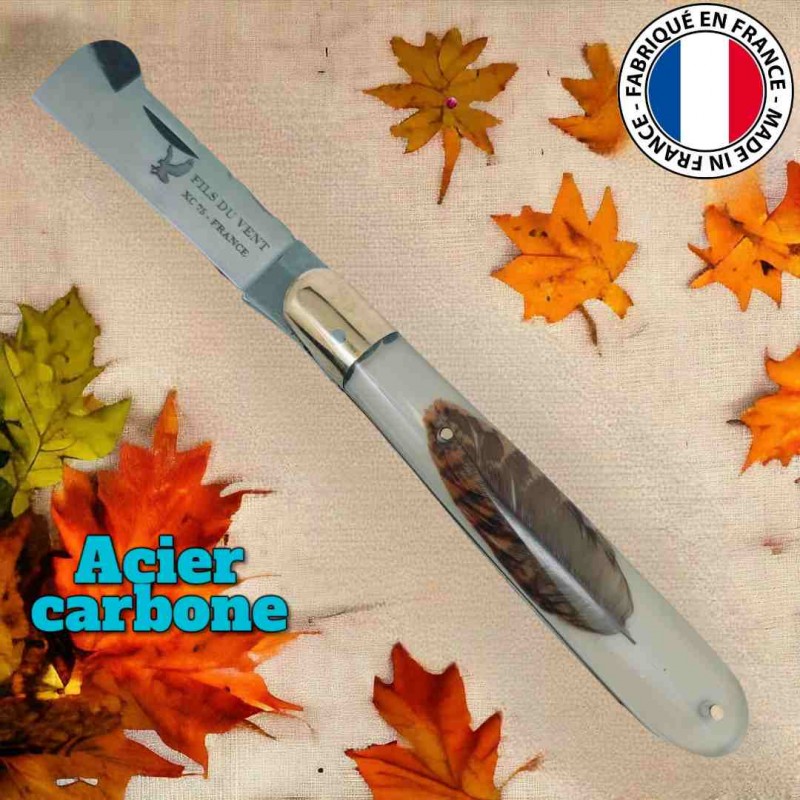 Couteau greffoir Fils du vent plume bécasse lame acier carbone