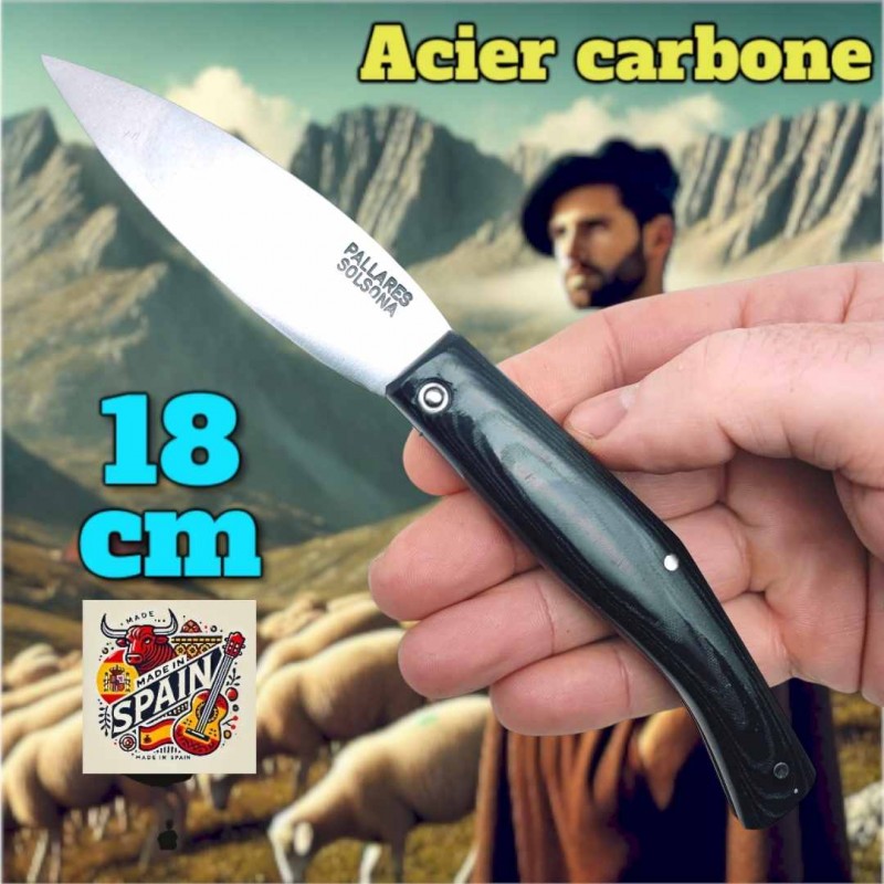 Couteau Pallares berger des Pyrénées micarta noire liner rouge carbone 18cm