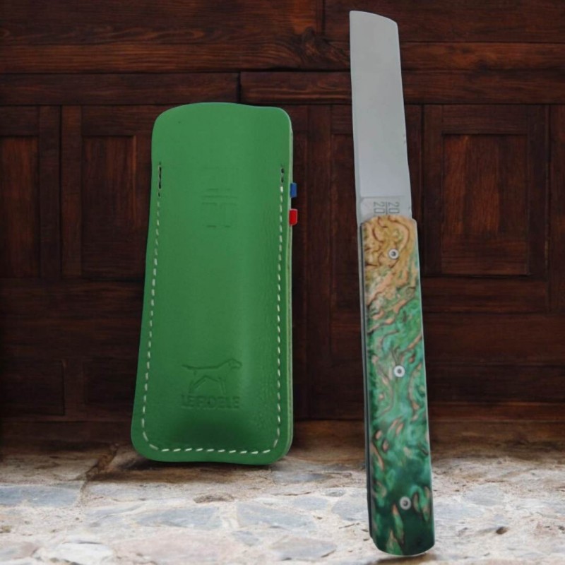 Couteau 20/20 Le Fidèle bois stabilisé vert etui cuir