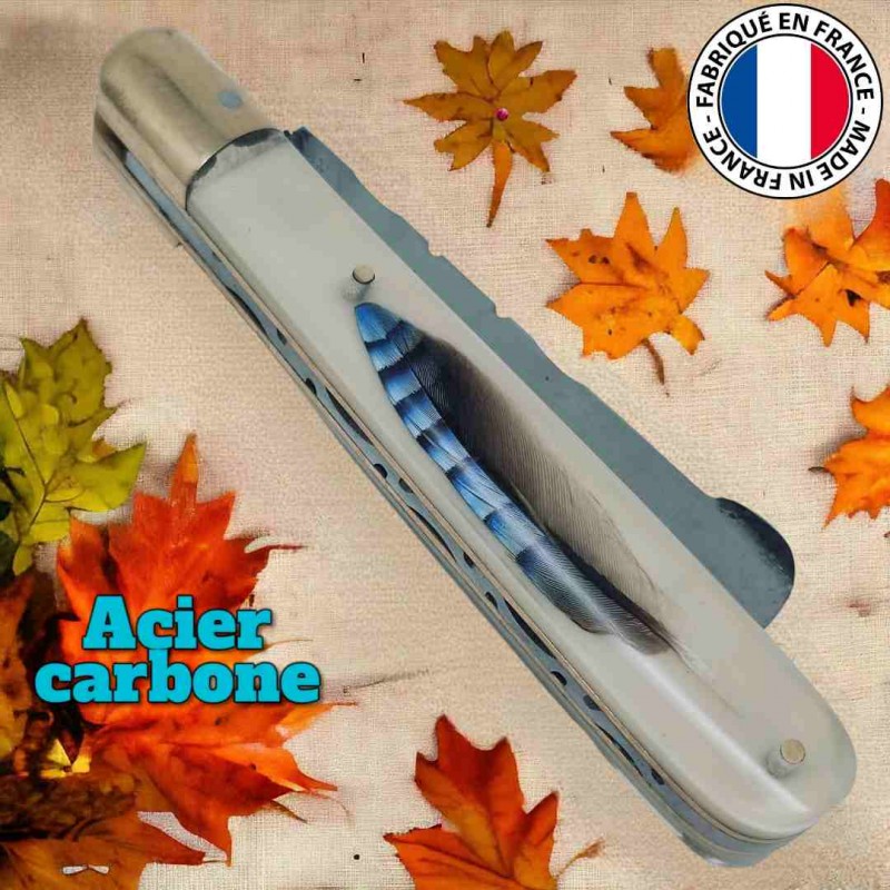 Couteau greffoir Fils du vent plume bleue geai des chenes lame acier carbone