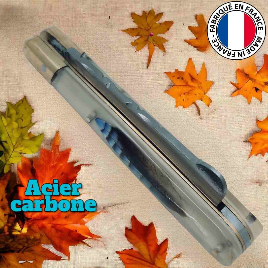 Couteau greffoir Fils du vent plume bleue geai des chenes lame acier carbone