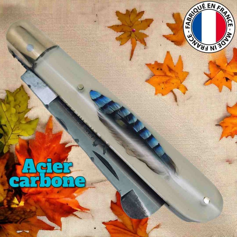 Couteau greffoir Fils du vent plume bleue geai des chenes lame acier carbone