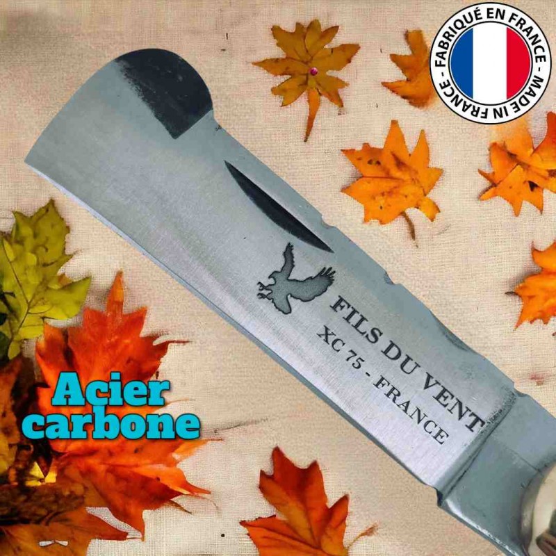 Couteau greffoir Fils du vent plume bleue geai des chenes lame acier carbone