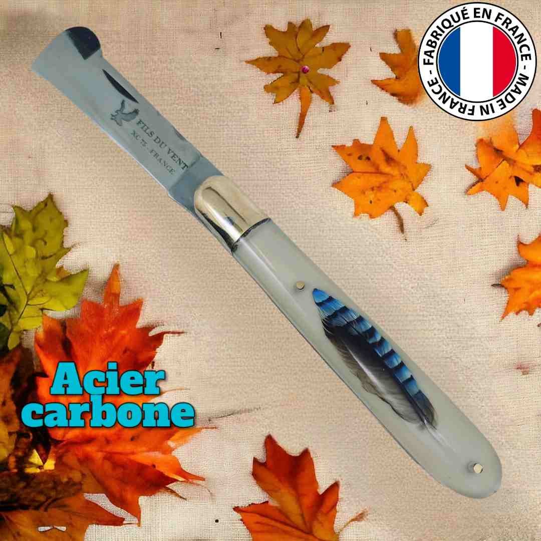 Couteau greffoir Fils du vent plume bleue geai des chenes lame acier carbone