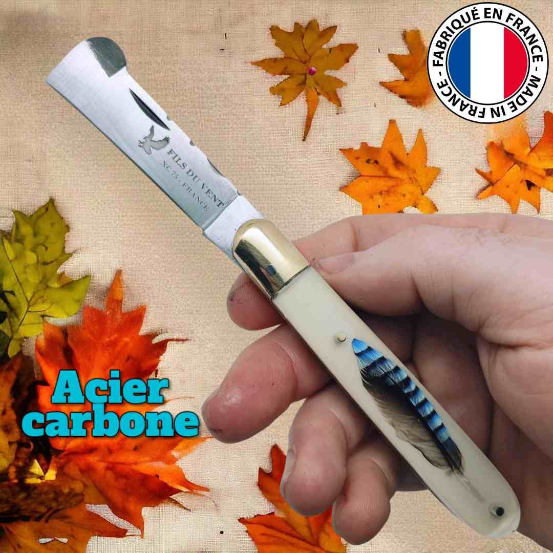 Couteau greffoir Fils du vent plume bleue geai des chenes lame acier carbone