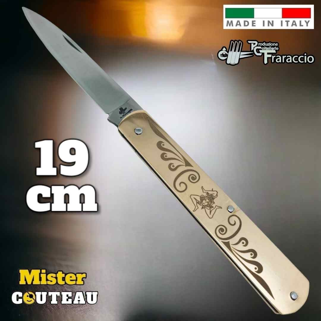 Couteau Fraraccio Sfilato laiton gravure Trinacria Ali 19 cm