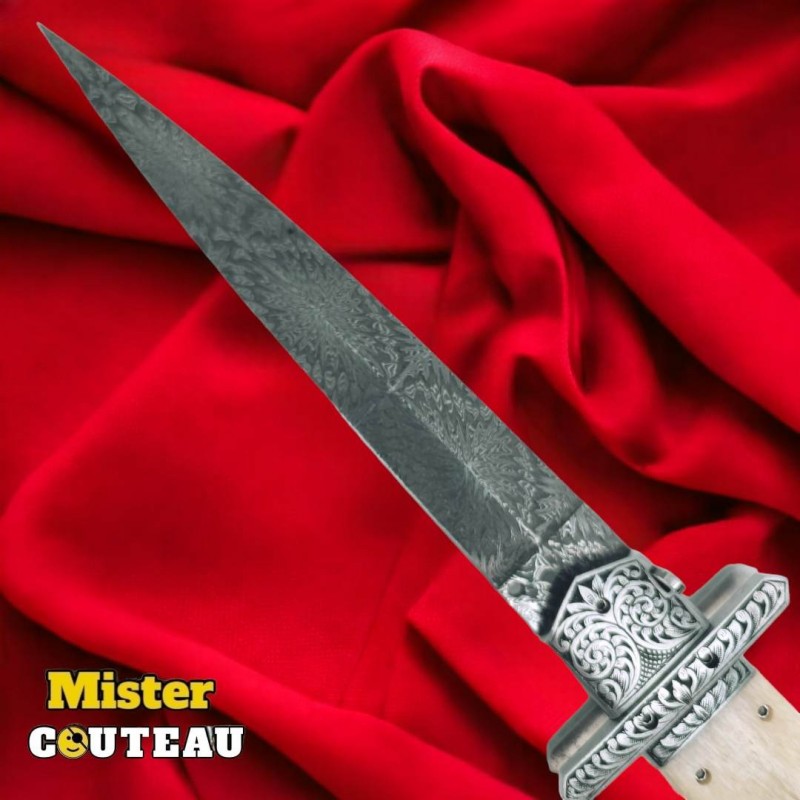 Exceptionnel couteau automatique custom AM KNIVES damas os gravure 31cm