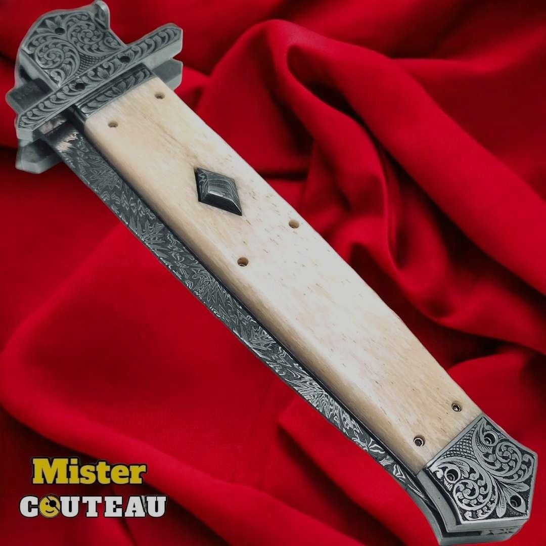 Exceptionnel couteau automatique custom AM KNIVES damas os gravure 31cm PICKLOCK AUTO 12
