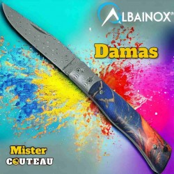 Couteau Albainox mitre et lame damas bois stabilisé16.7cm