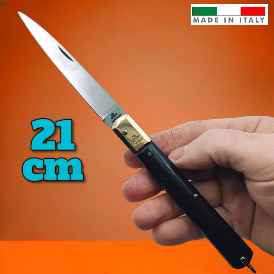 Couteau italien Fraraccio stiletto manche ABS noir mitre laiton 21cm