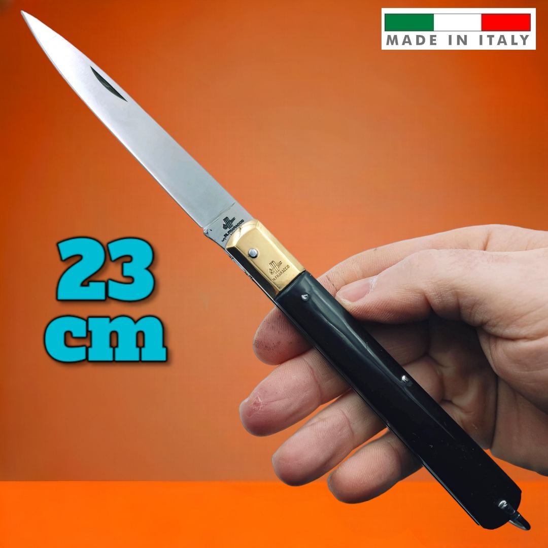 Couteau italien Fraraccio stiletto manche ABS noir mitre laiton 23 cm