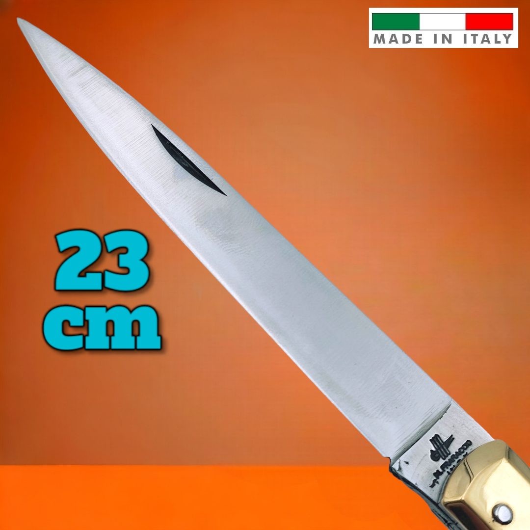 Couteau italien Fraraccio stiletto manche ABS noir mitre laiton 23 cm