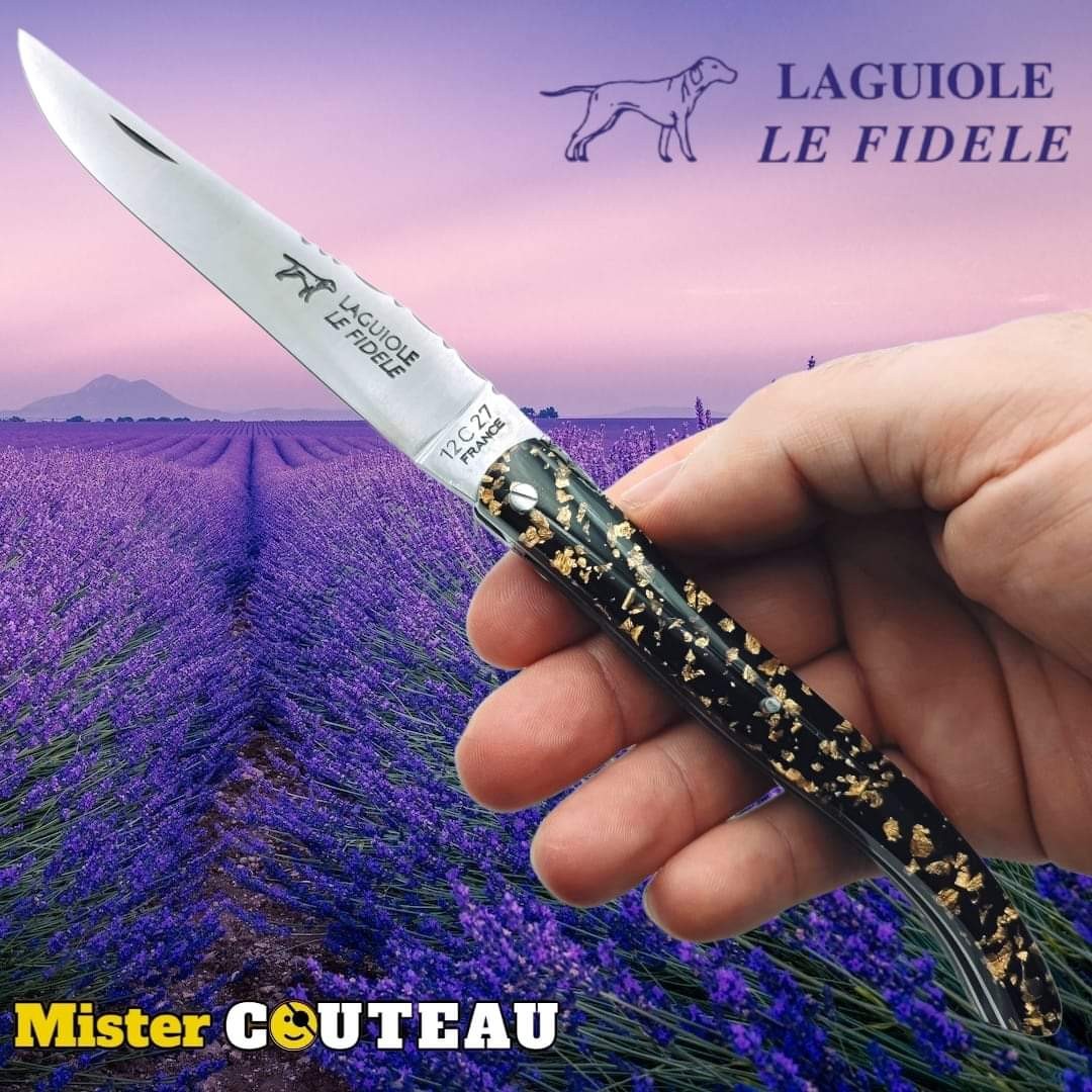 Couteau pliant Laguiole Le Fidèle mouche forgée feuille d'or