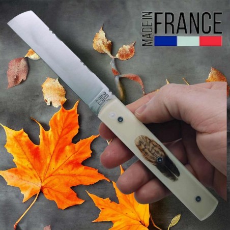 Couteau  20/20 Le Fidèle résine plume bécasse full guillochage 20cm modèle 2