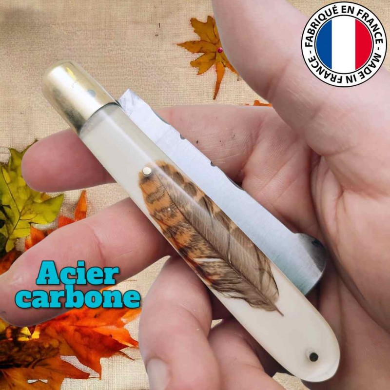 Couteau greffoir Fils du vent plume bécasse lame acier carbone