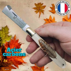 Couteau greffoir Fils du vent plume bécasse lame acier carbone