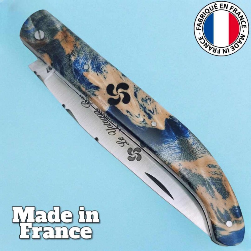 Couteau  basque Yatagan Le Fidèle fourche de peuplier bleu 22cm