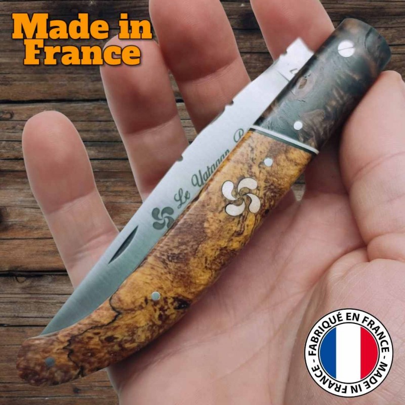 Couteau  basque Yatagan Le Fidèle loupe peuplier érable croix 22cm